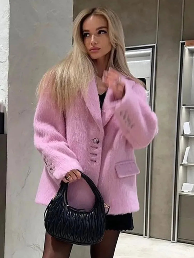 Woman wearing her Pink Lapel Plush Coat