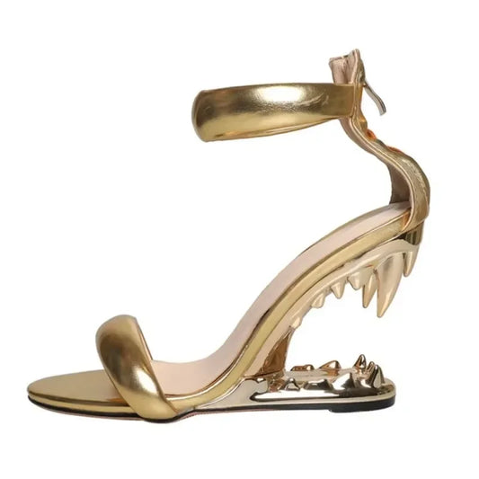 Gold Tiger Teeth High Heel Sandals - Heel Slope Design - Women's Back Zip Dress Shoes