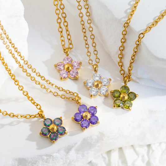 Plum Blossom CZ Pendant Necklace - Gold Plated Hypoallergenic Jewelry