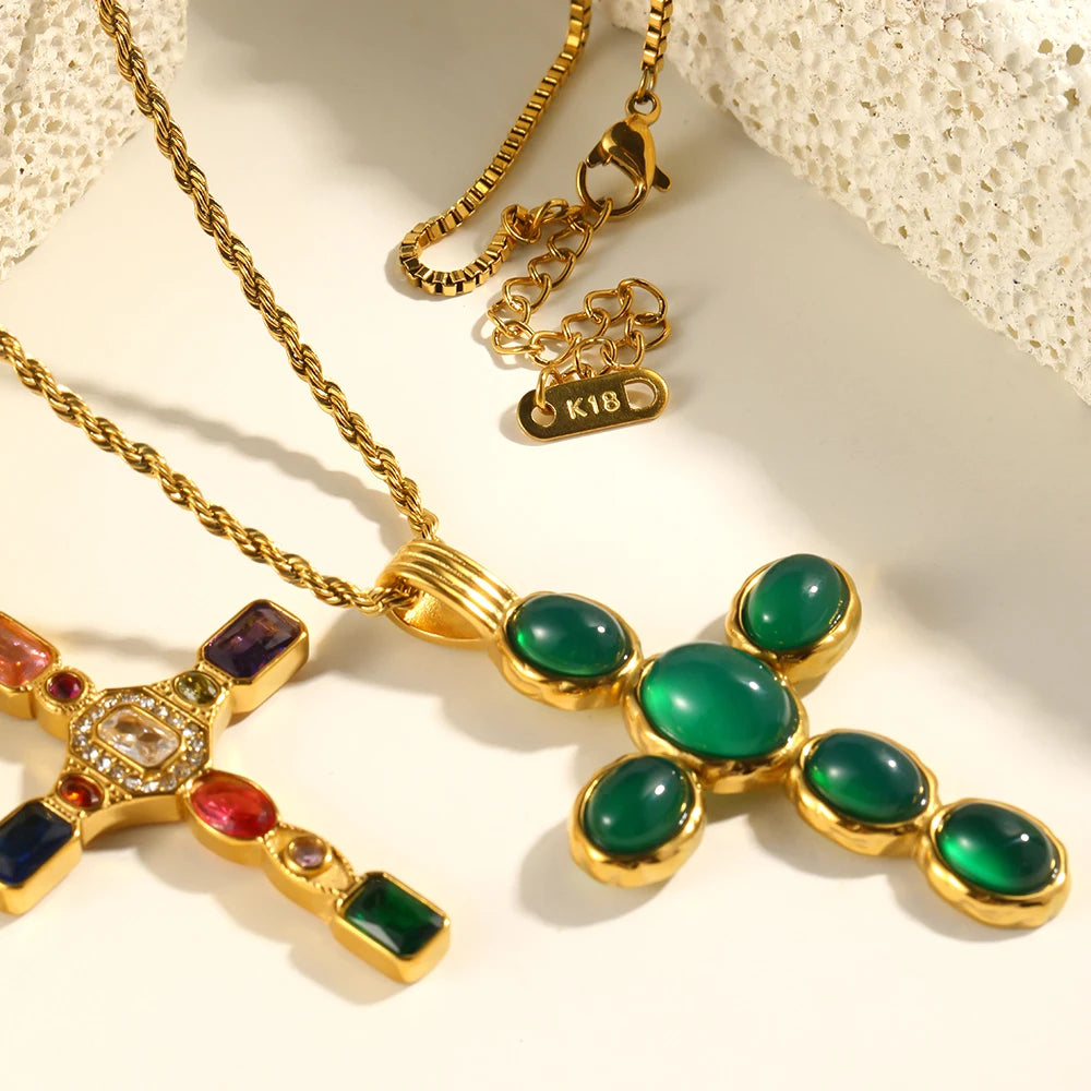 Layered Green Cross Pendant Necklace