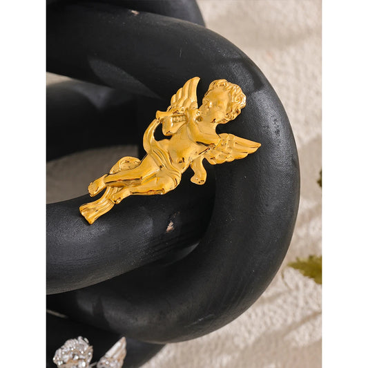 Gold Plated Stainless Steel Angel Blow Horn Brooch Pin