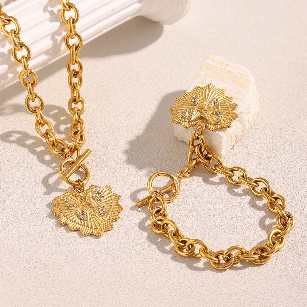Elena Gold Plated Stainless Steel Heart Necklace Bracelet Set