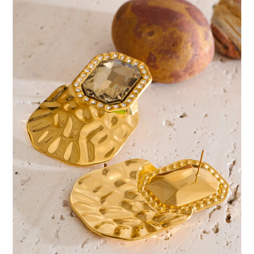 Crystal Square Golden Stud Earrings Stainless Steel Geometric Statement Wear