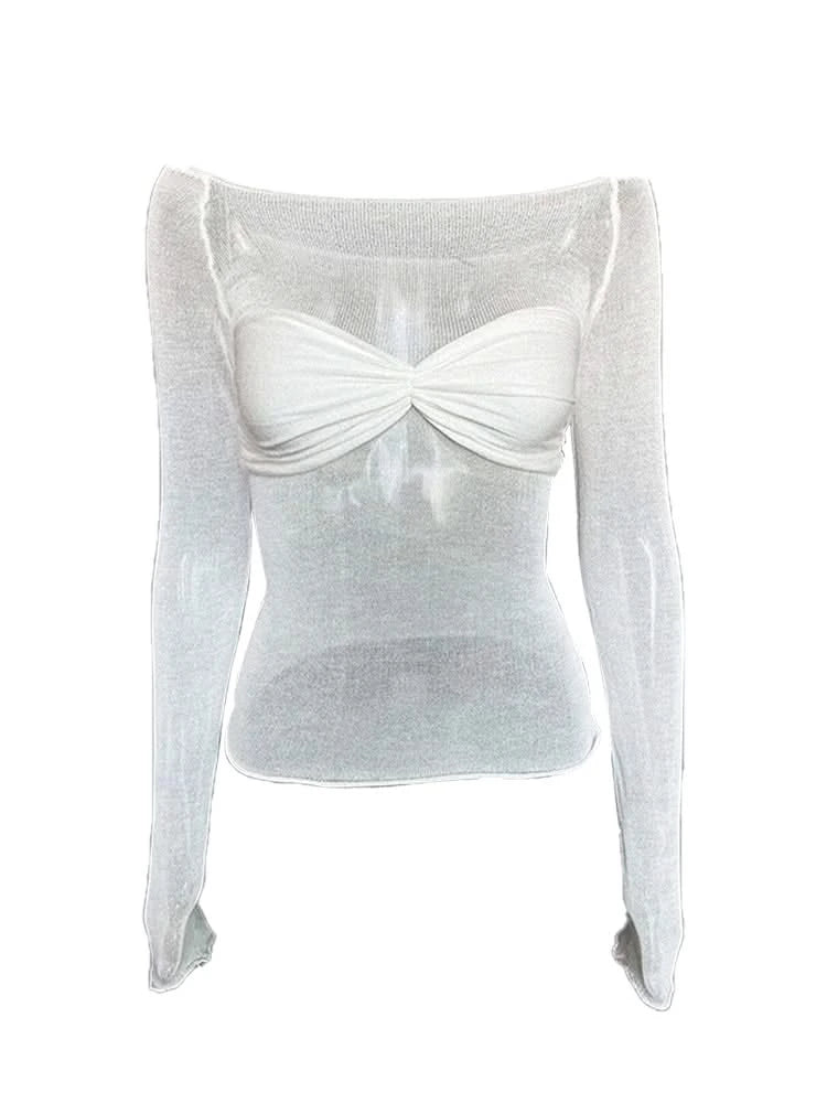 Woman wearing her White Mesh Long-Sleeve Crop Top 