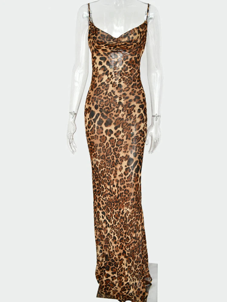 Brown Leopard Print Long Dress with Back Lace Up