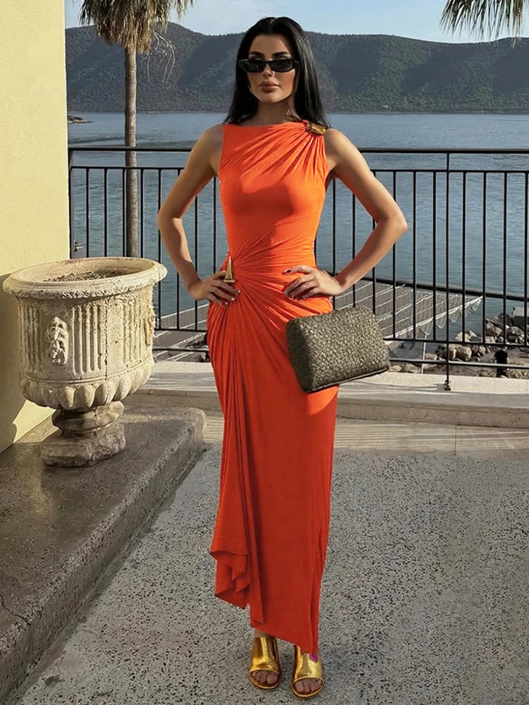 Elegant Ruched Crew Neck Summer Dress