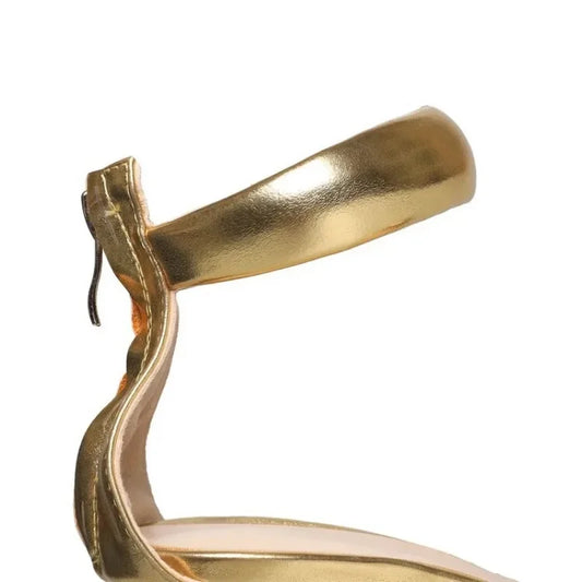 Gold Tiger Teeth High Heel Sandals - Heel Slope Design - Women's Back Zip Dress Shoes