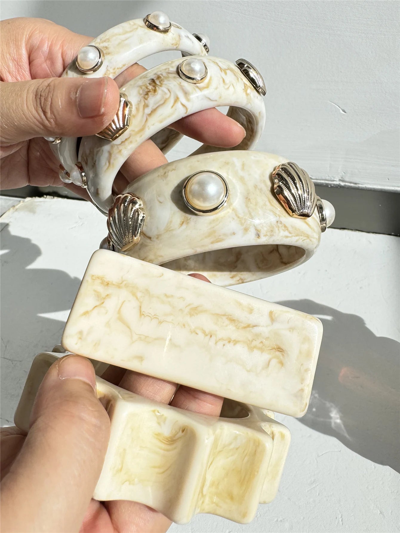 Seashell Off-White Geometric Bangles - lifestyle photo