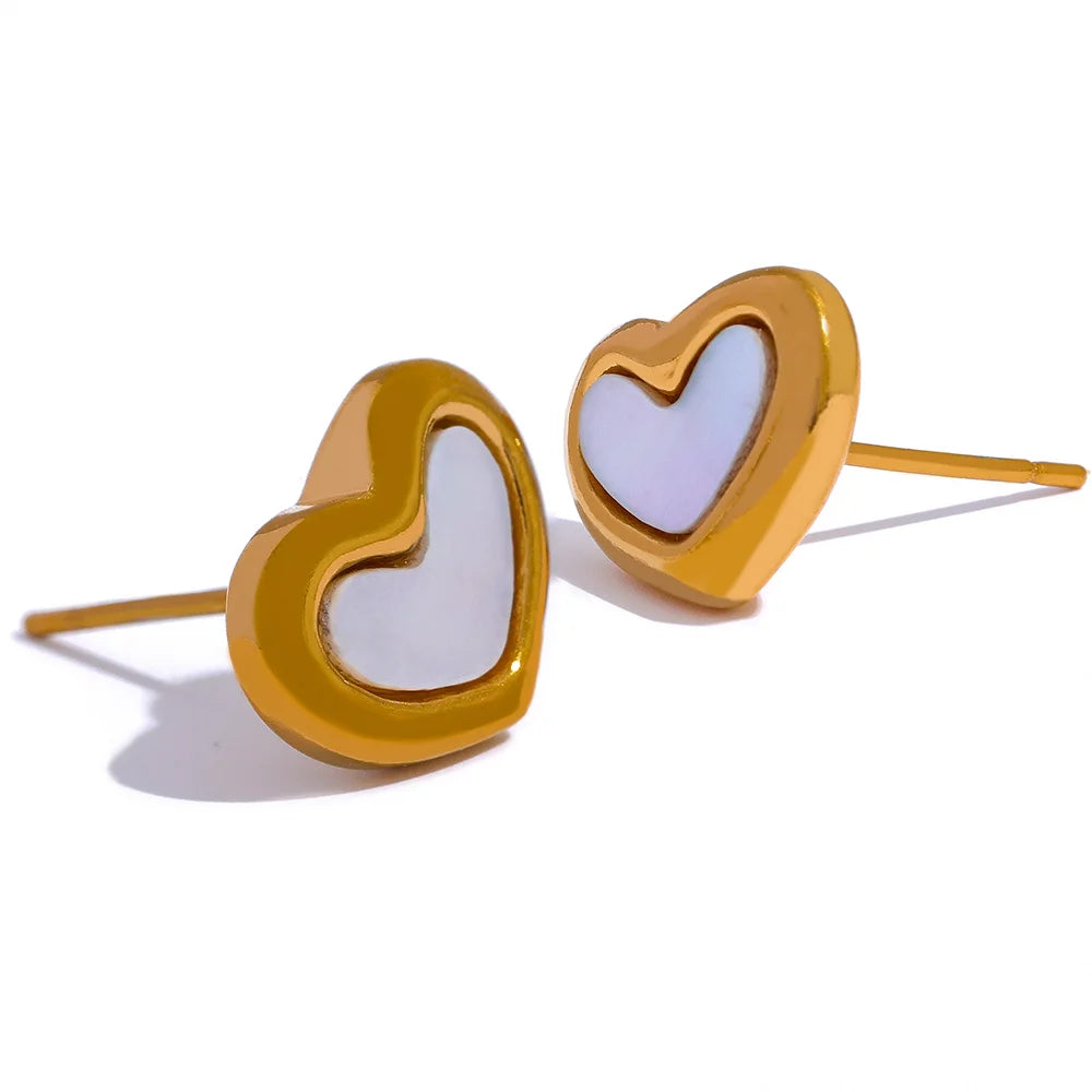 Gold Heart Pearl Stud Earrings