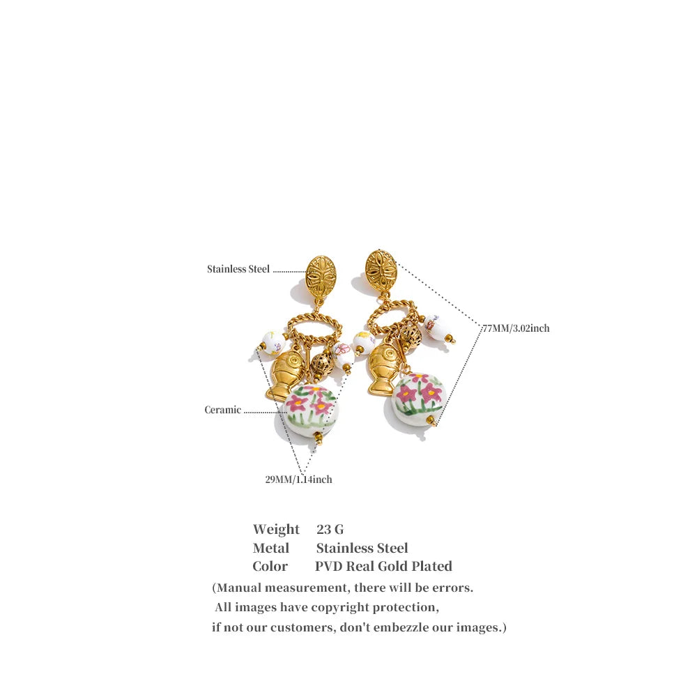 Plant Stainless Steel Ceramic Drop Earrings