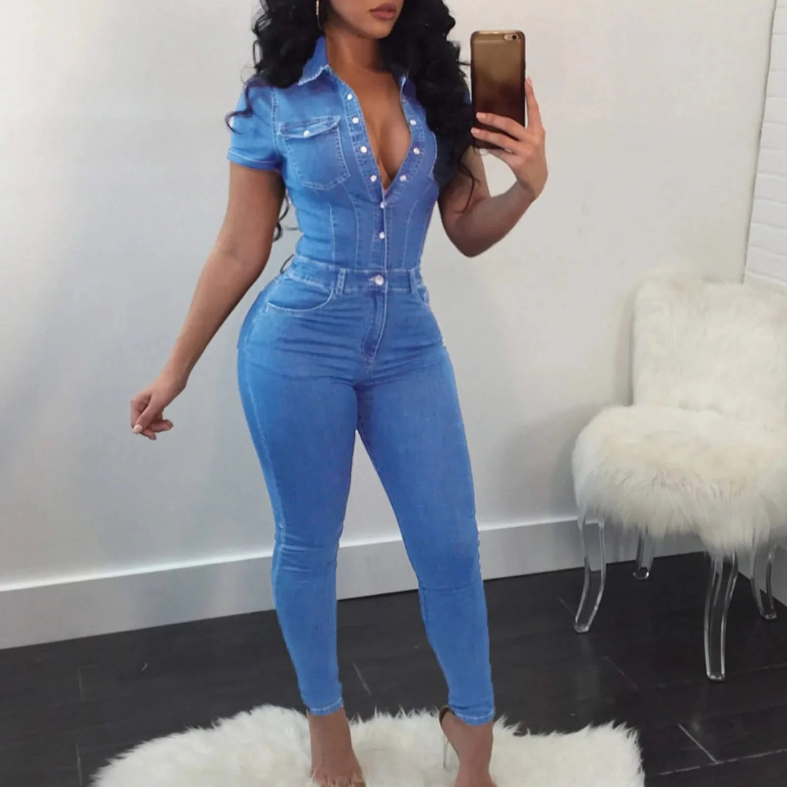Short Sleeve Denim Jumpsuit