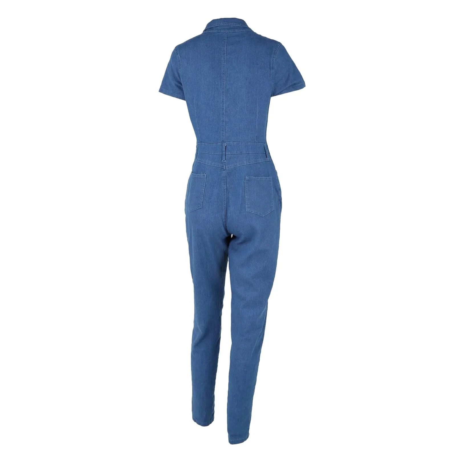Short Sleeve Denim Jumpsuit - Full Back Image