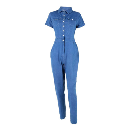 Short Sleeve Denim Jumpsuit - Full Image