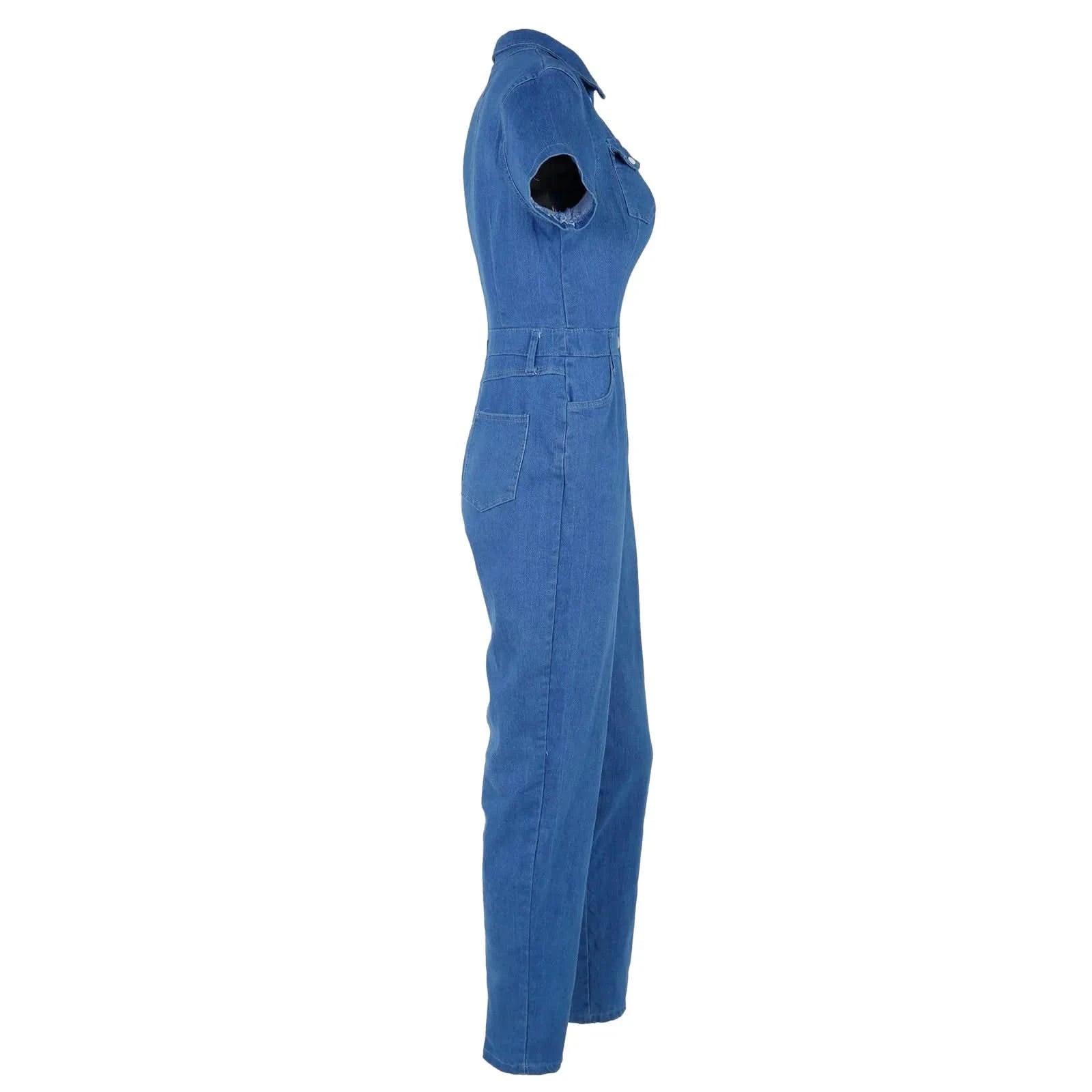 Short Sleeve Denim Jumpsuit - Full Side Image