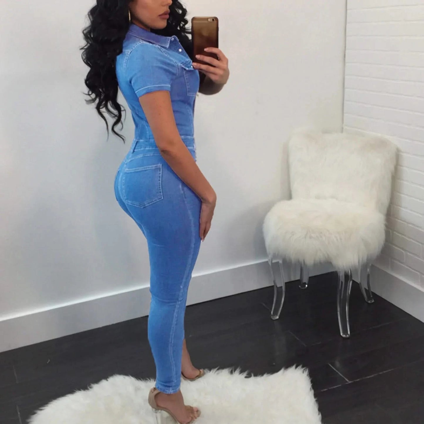 Short Sleeve Denim Jumpsuit - Side details