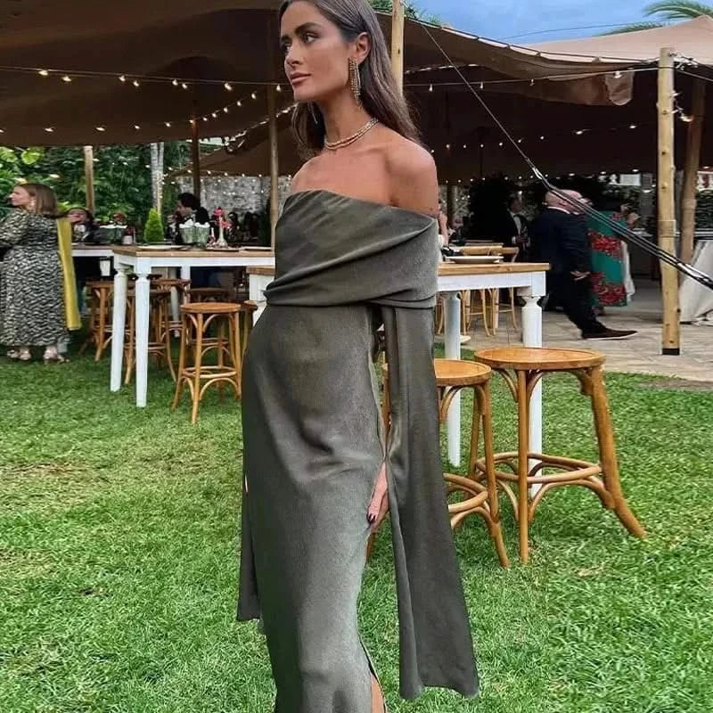 Side details of Gray Off-Shoulder Maxi Dress