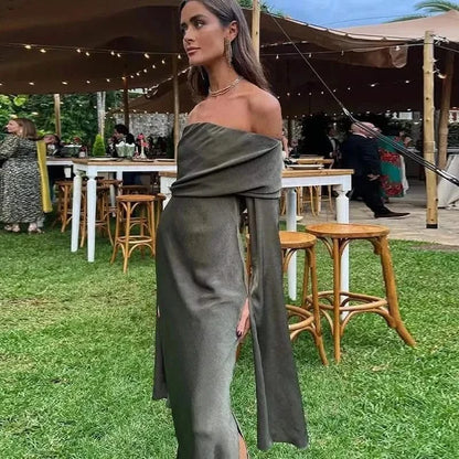 Side details of Gray Off-Shoulder Maxi Dress