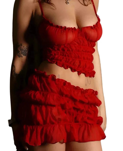 Side details of  Red Ruffle Mini Skirt Set