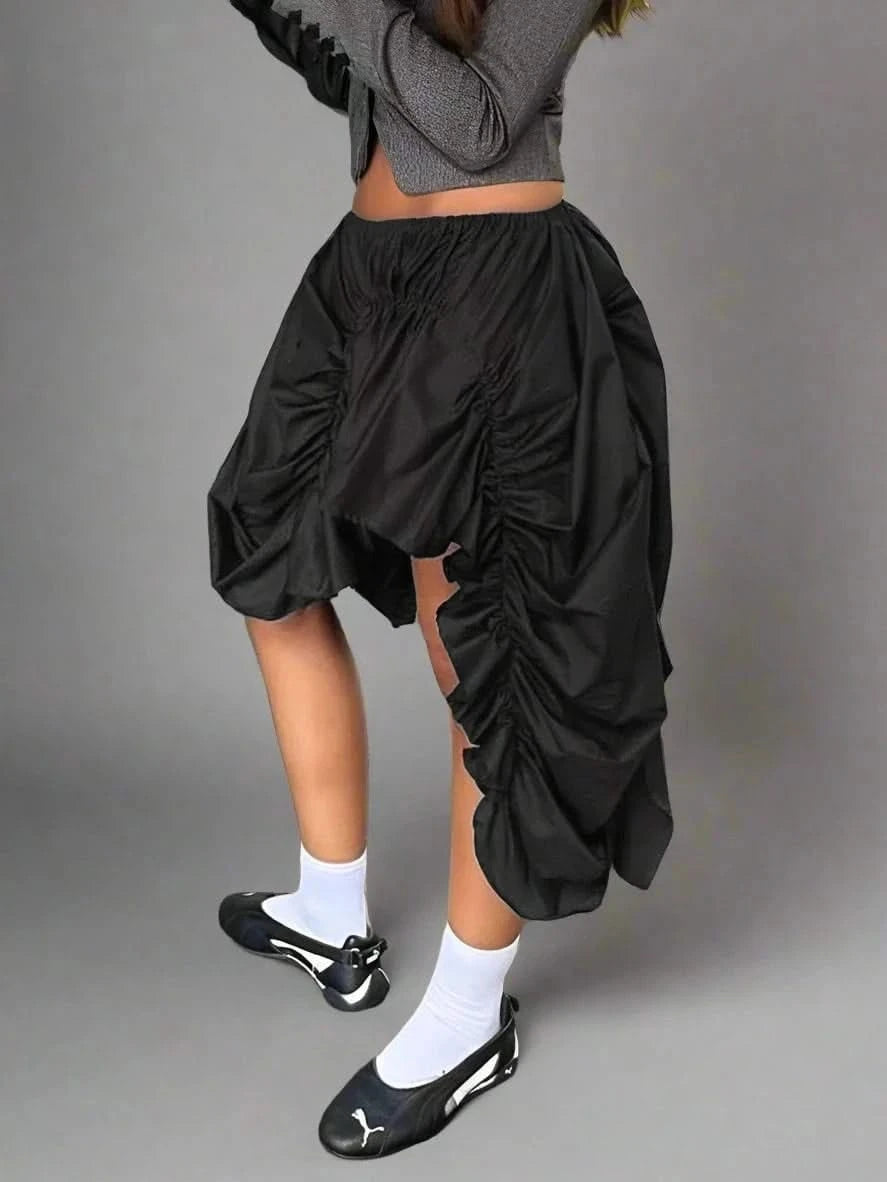 Side details of black Asymmetrical Drawstring Midi Skirt