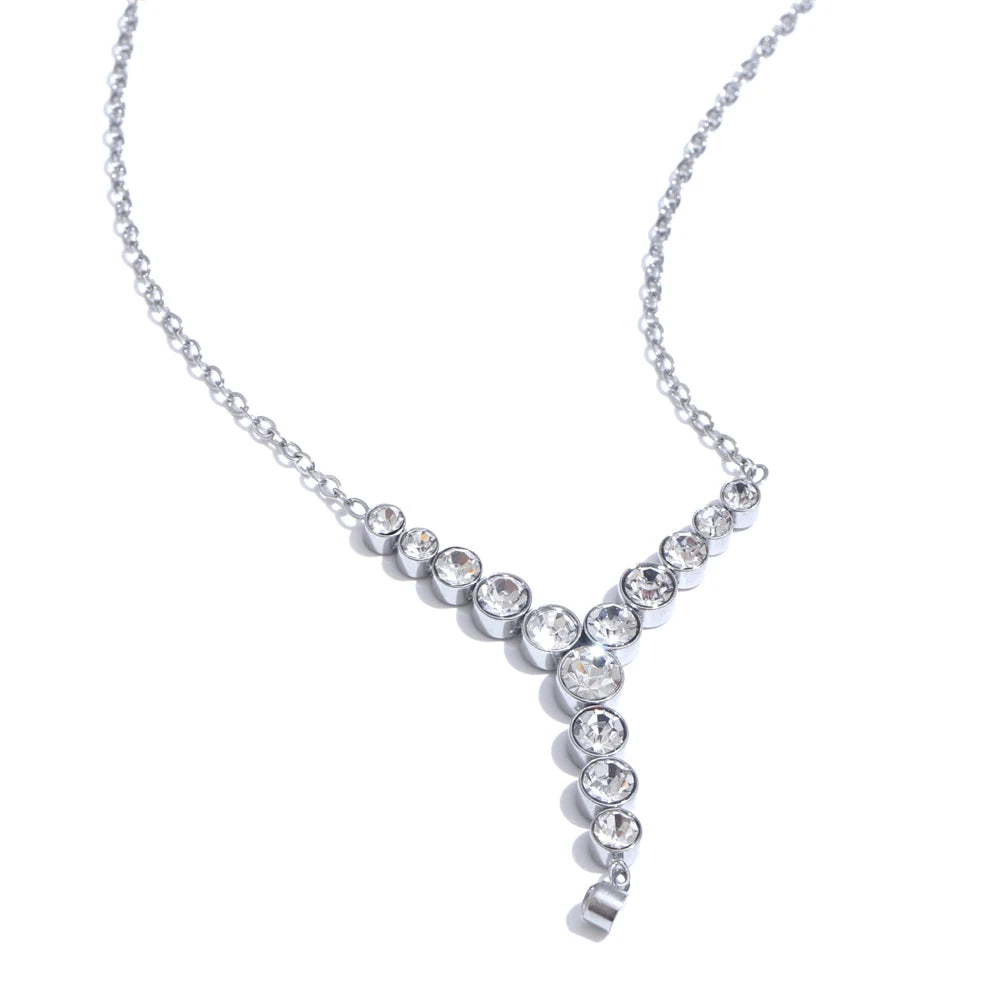 Silver Luxury Y-Shape CZ Pendant Necklace - Stainless Steel Jewelry
