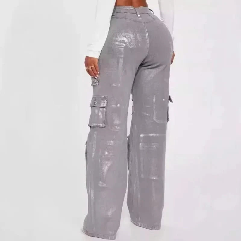 Silver Metallic Cargo Pants - Back