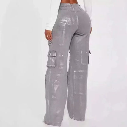 Silver Metallic Cargo Pants - Back