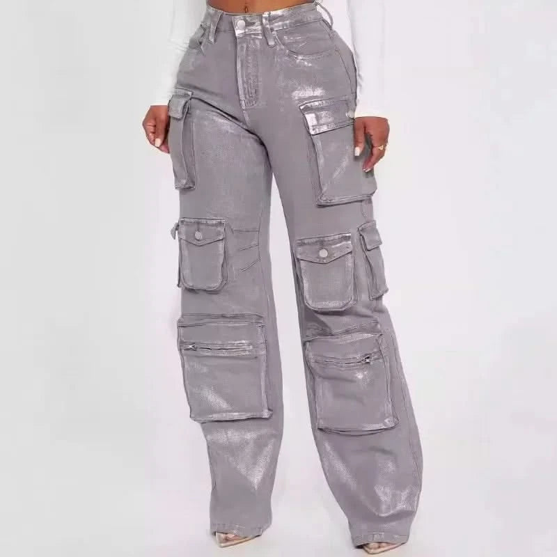 Silver Metallic Cargo Pants - Front 