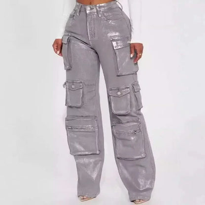 Silver Metallic Cargo Pants - Front 