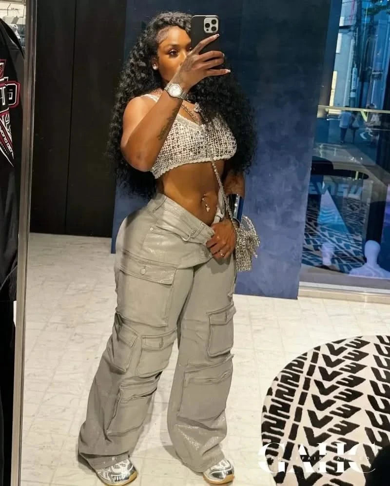 Silver Metallic Cargo Pants - Sample wearing