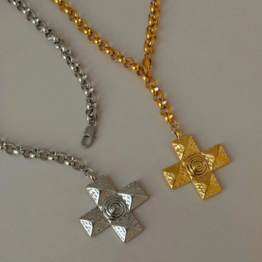 Silver and Gold 18k Gold-Plated Cross Water Swirl Necklace