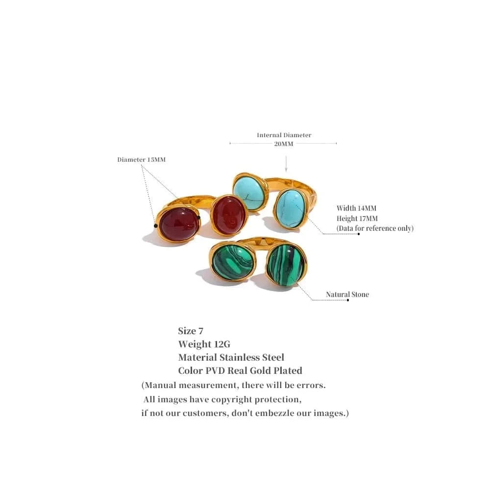 Size and material details of Two-Gemstone Gold Rings