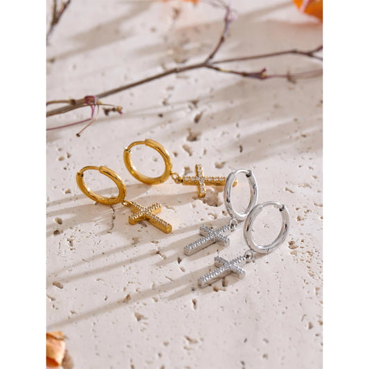 Stainless Steel CZ Cross Earrings 