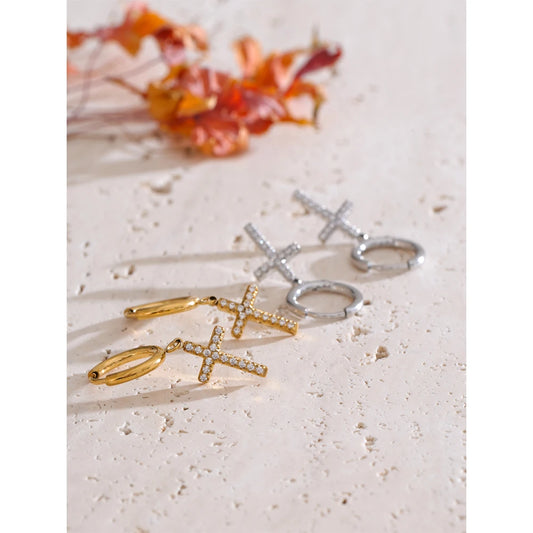 Stainless Steel CZ Cross Earrings 