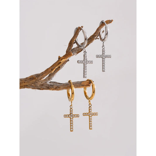 Stainless Steel CZ Cross Earrings 
