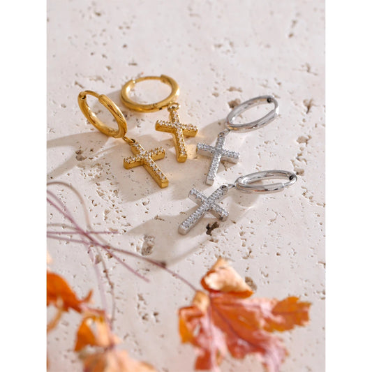 Stainless Steel CZ Cross Earrings 