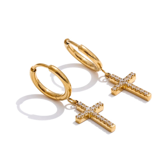 Stainless Steel CZ Gold Cross Earrings 