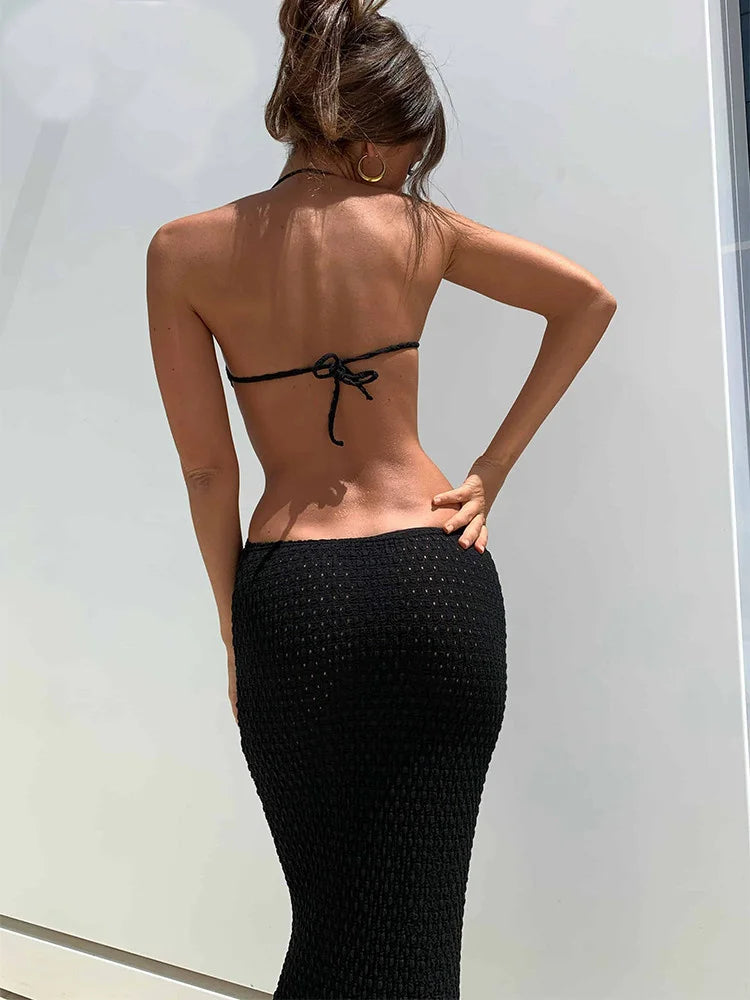 Elegant Backless Halter Dresses for Women Hollow Out Fashion Slim Patchwork Lace-Up Ladies Maxi Dress Summer Party Dress