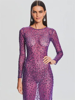 Purple Mesh Sequin See-Through Long Dress