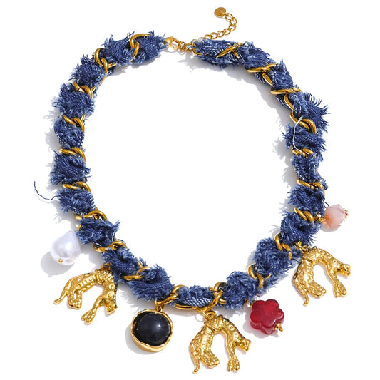 Vintage Denim Charm Necklace - Fall Statement Jewelry