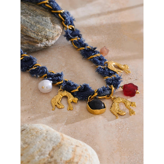 Vintage Denim Charm Necklace - Fall Statement Jewelry