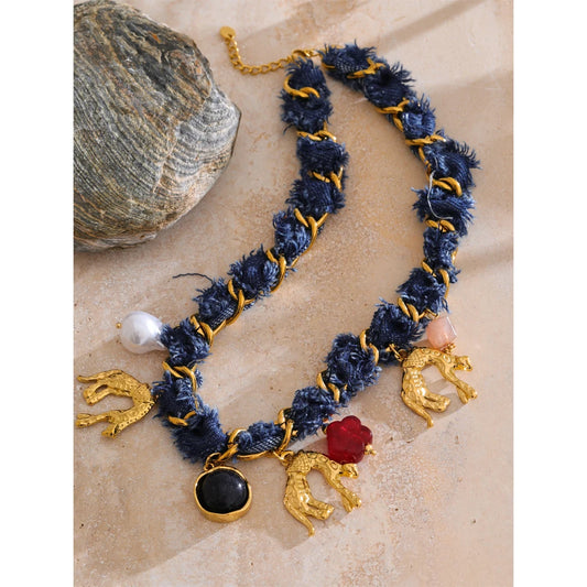 Vintage Denim Charm Necklace - Fall Statement Jewelry