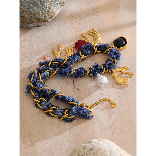 Vintage Denim Charm Necklace - Fall Statement Jewelry