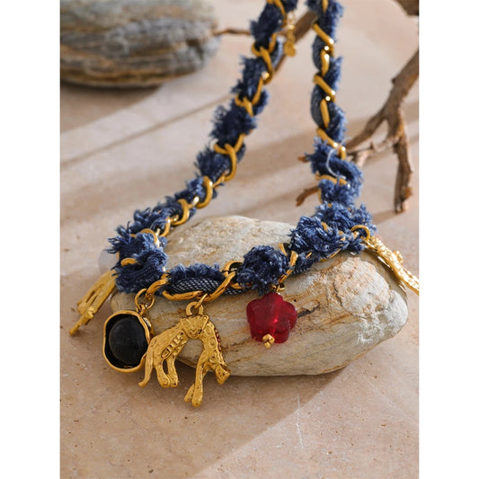 Vintage Denim Charm Necklace - Fall Statement Jewelry