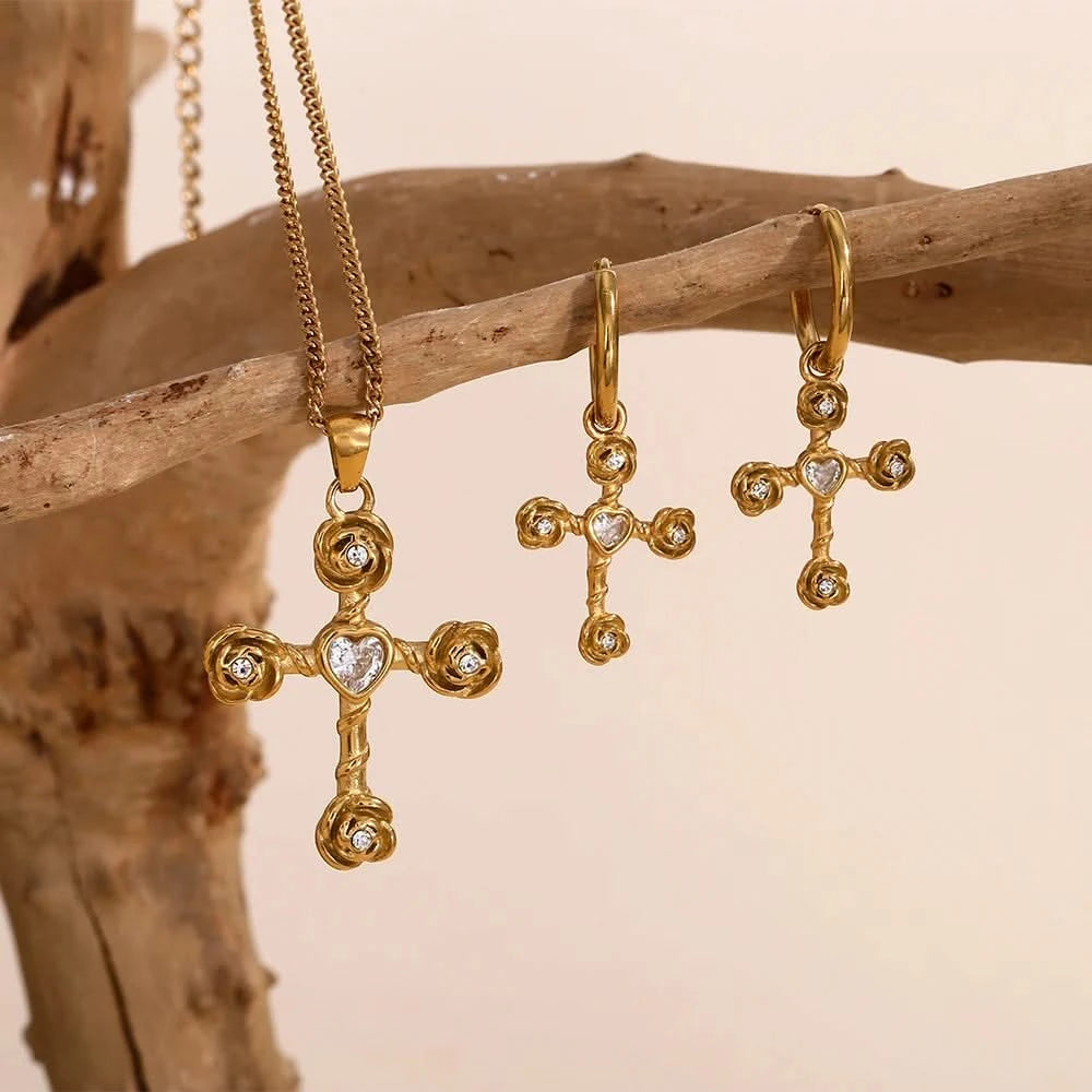 White Rhinestone Cross Flower Jewelry Set