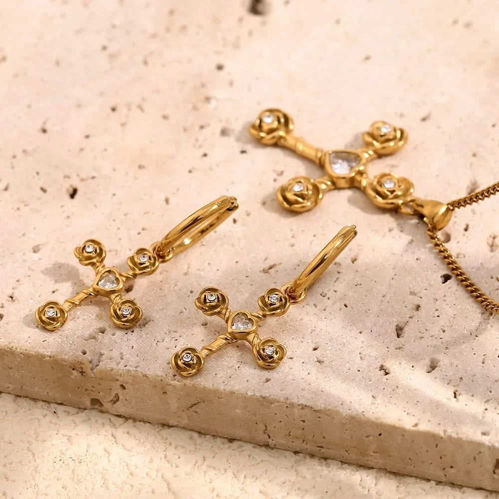 White Rhinestone Cross Flower Jewelry Set