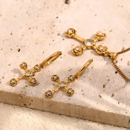 White Rhinestone Cross Flower Jewelry Set