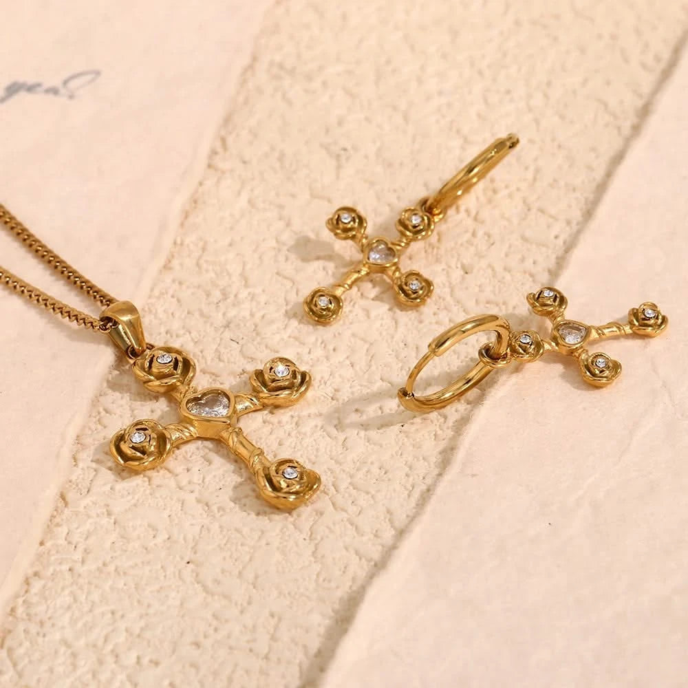 White Rhinestone Cross Flower Jewelry Set