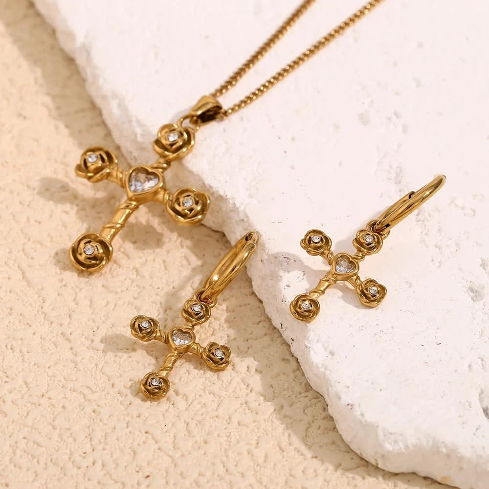 White Rhinestone Cross Flower Jewelry Set