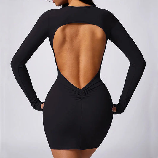 Women Jumpsuits One Piece Yoga Suit Long Sleeves Sexy Open Backpack Dress Scrunch Booty Soft Cozy Fashion Slim Tight Short Skirt