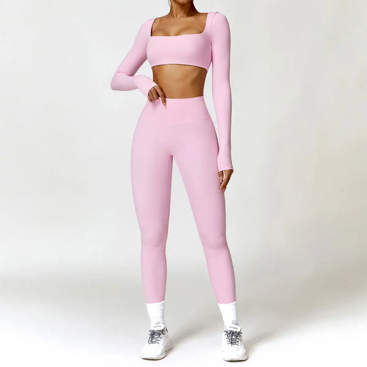 Women Tracksuit Yoga Set 2PCS Sportswear Workout Clothes Athletic Wear Gym Legging Fitness Bra Crop Top Long Sleeve Sports Suits